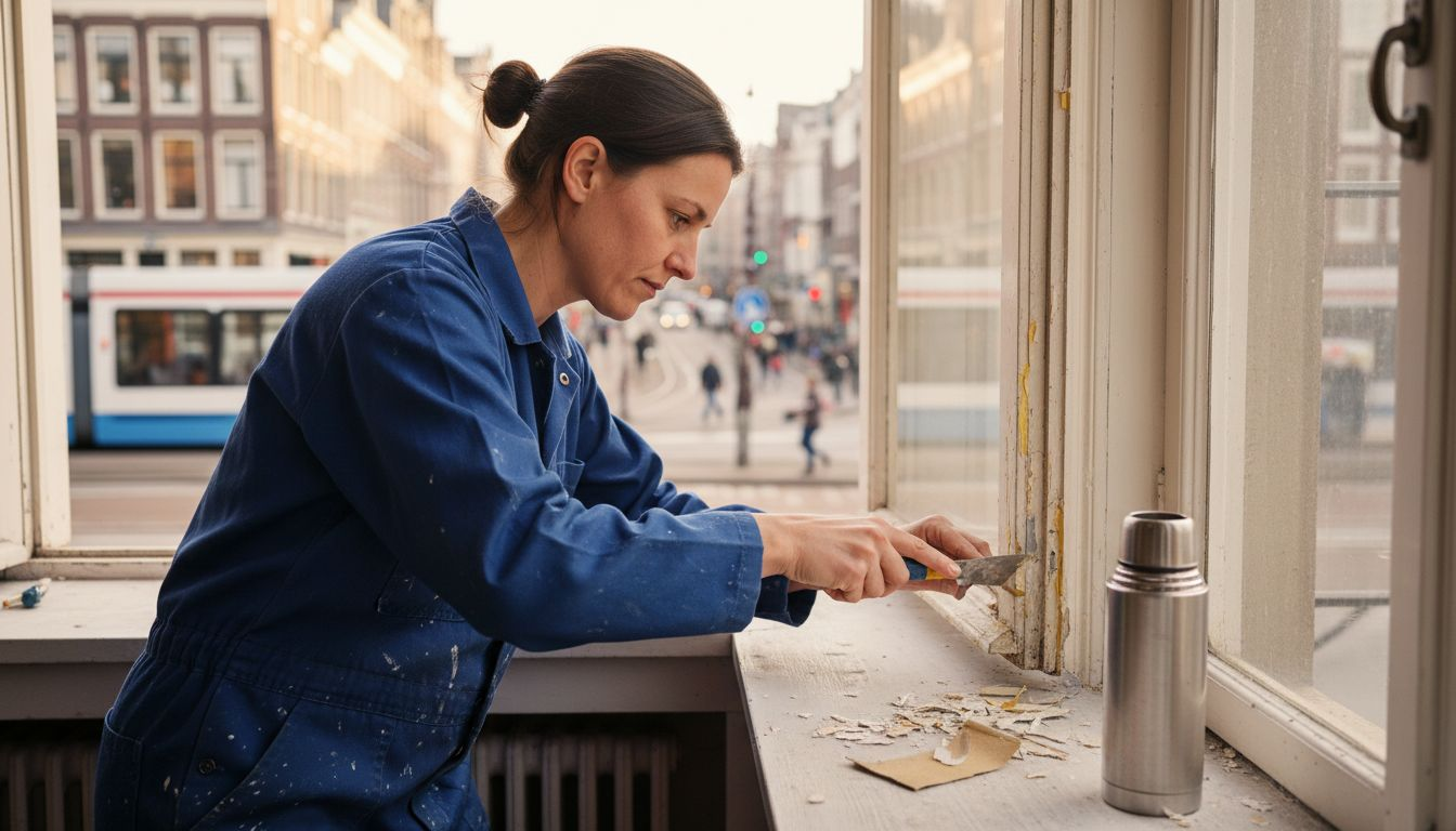 De vakman bekijkt het kozijn zorgvuldig en maakt het grondig schoon.