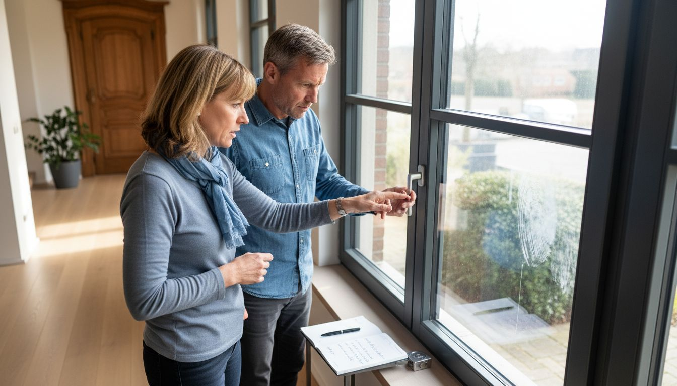 Huiseigenaren nemen hun nieuwe gelaagde veiligheidsglas nauwkeurig onder de loep.
