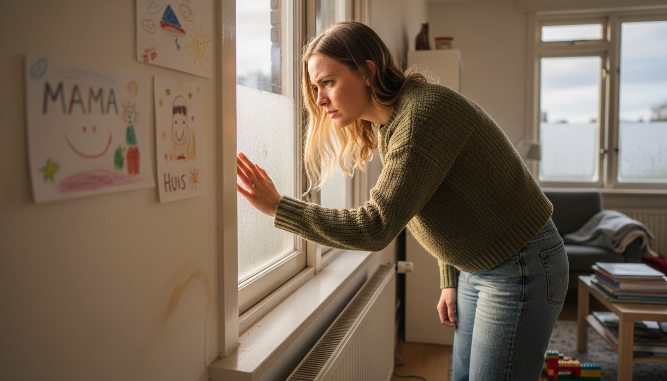 Een vrouw kijkt of er koude lucht langs het raam in de woonkamer naar binnen komt.