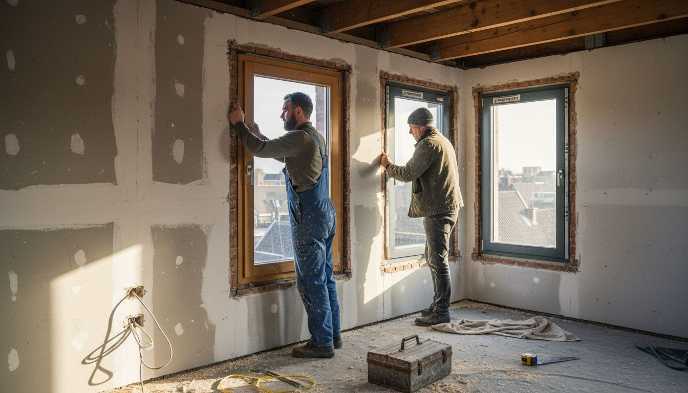Vakmensen plaatsen houten en aluminium kozijnen