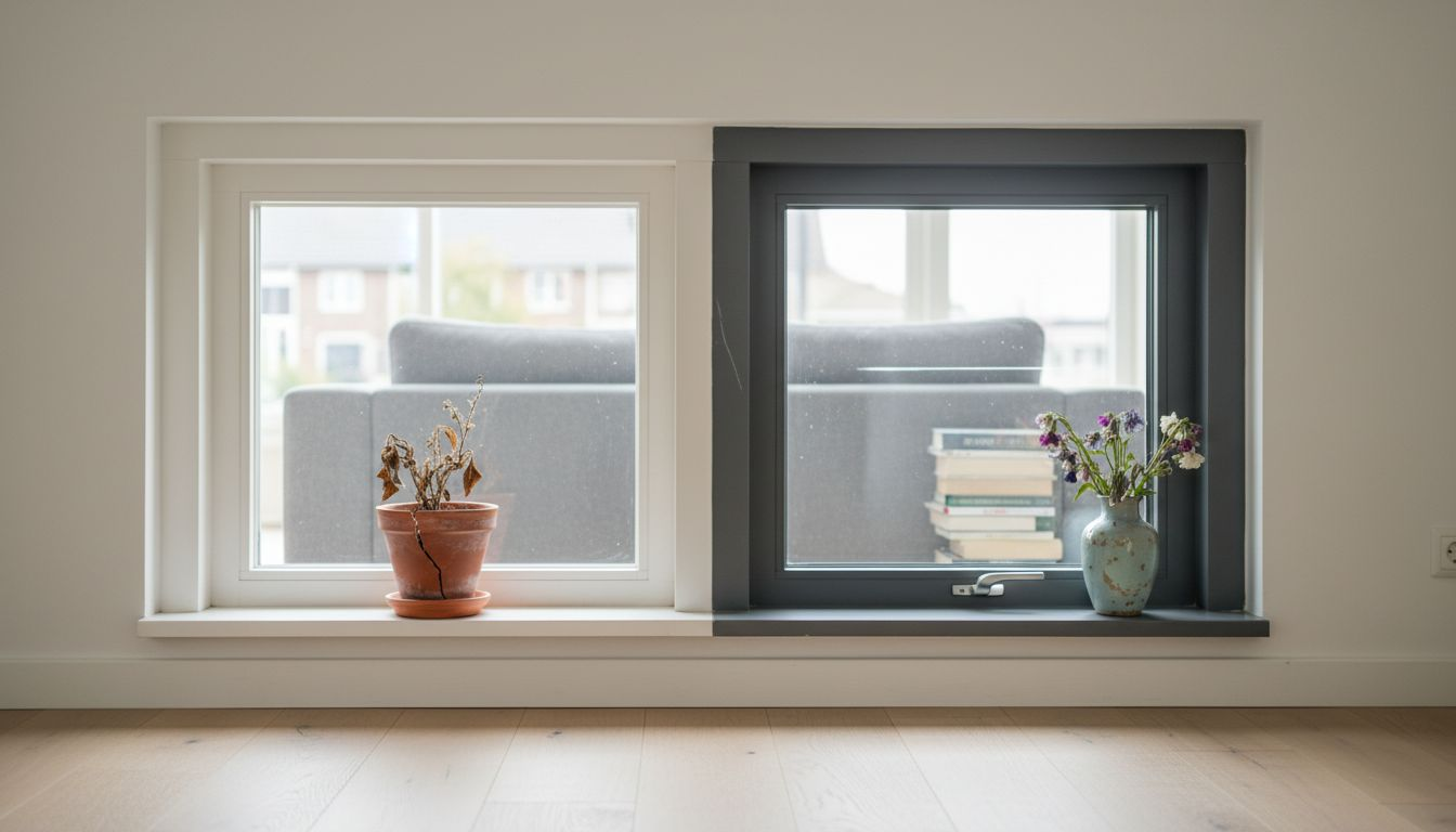 Twee raamkozijnen van verschillende materialen direct naast elkaar geplaatst