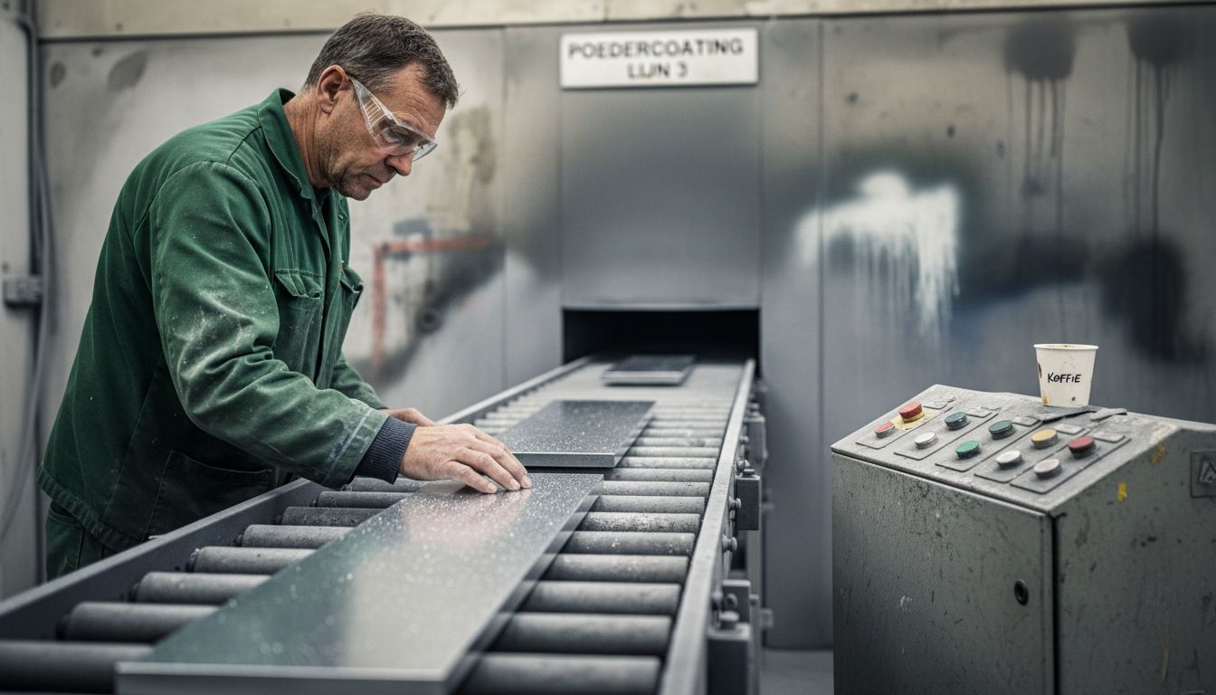 Een medewerker controleert de kwaliteit van aluminium profielen met een poedercoating.