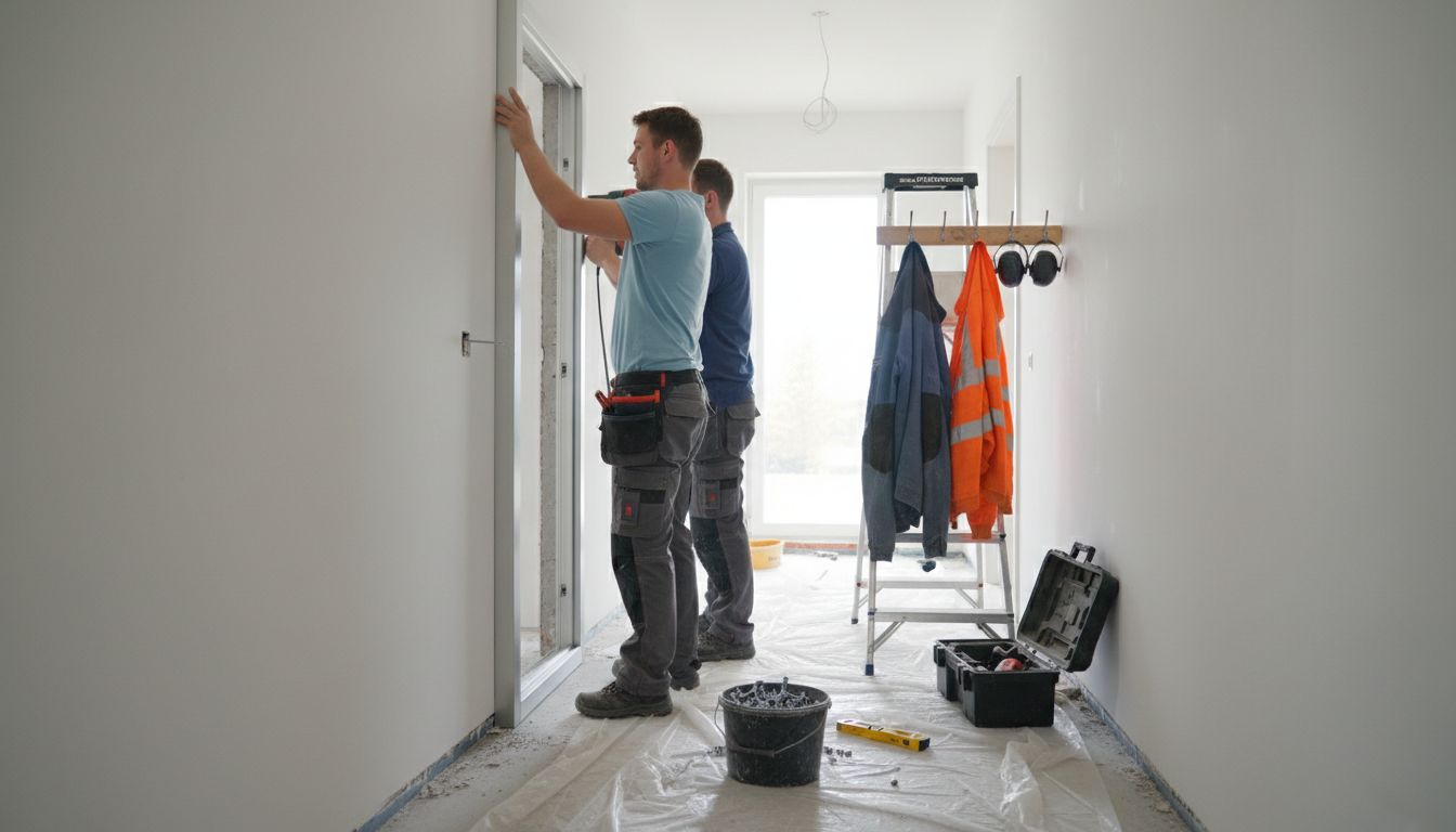 Vakmensen plaatsen een aluminium deur in de woning.