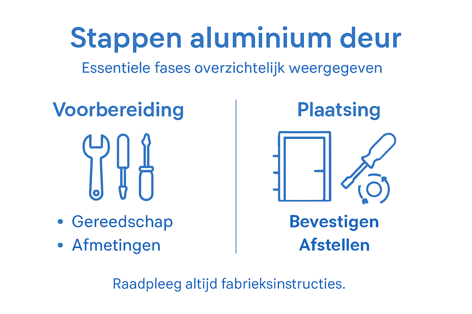 Overzichtelijke infographic met een stap-voor-stap uitleg voor het plaatsen van een aluminium deur