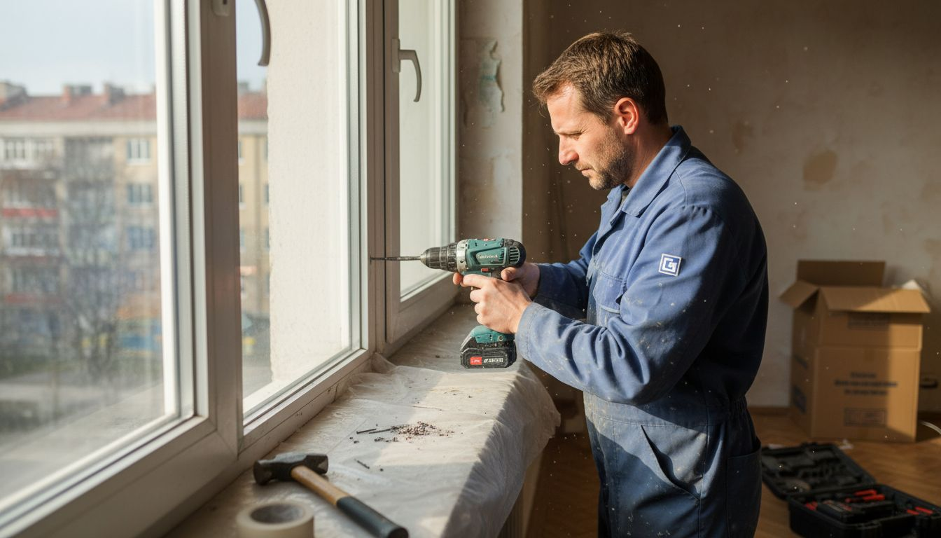 Een vakman monteert een aluminium kozijn.