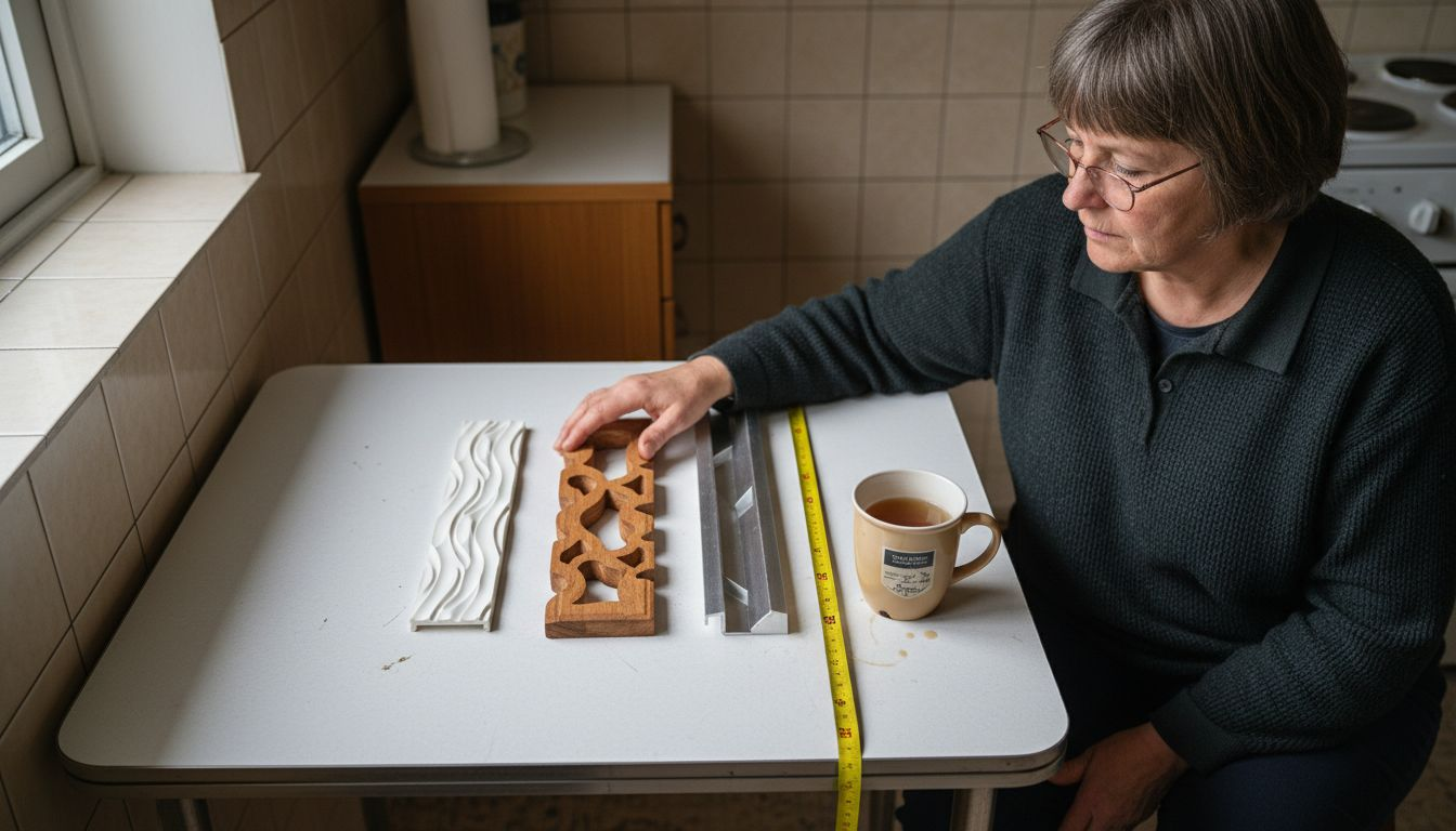 Vrouw bekijkt en vergelijkt verschillende sierlijsten in haar eigen huis