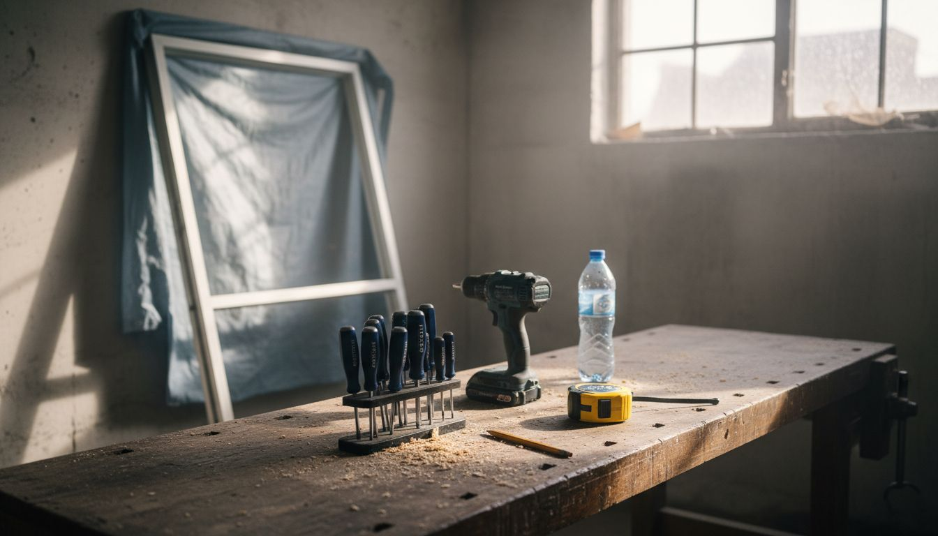 Alle gereedschappen liggen klaar voor het monteren van de aluminium deur.