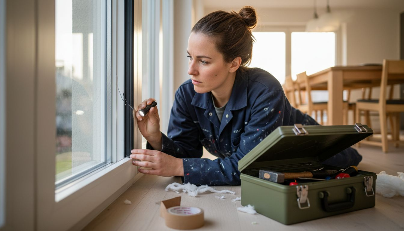 Een vrouw bekijkt haar aluminium kozijn aandachtig om te zien of er ergens water naar binnen lekt.