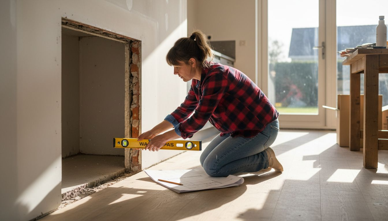 Een vrouw controleert of de vloer waterpas ligt voordat ze de schuifdeur plaatst.