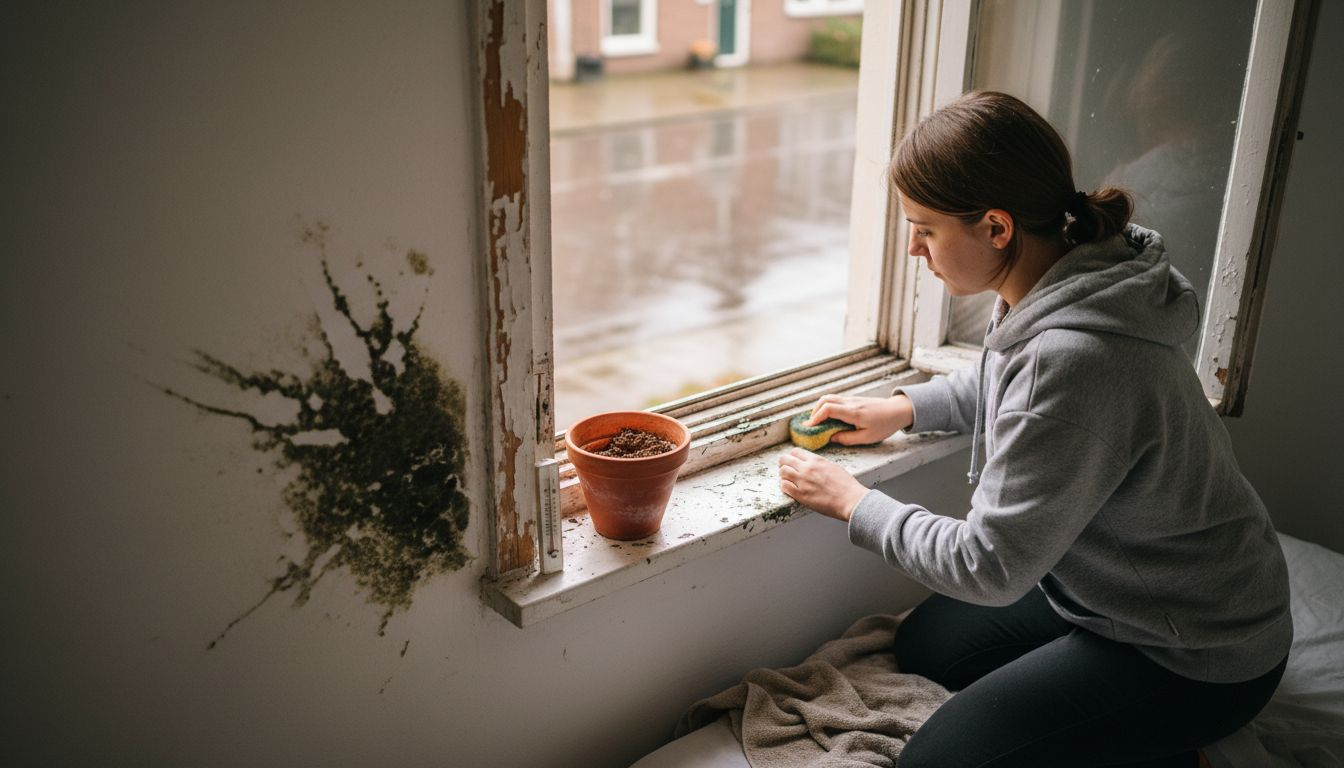 Vrouw maakt schimmel schoon bij aangetast raamkozijn