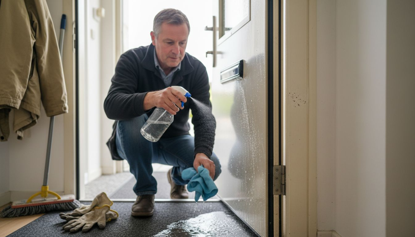 Een man maakt een kunststof deur schoon en droogt deze daarna af.