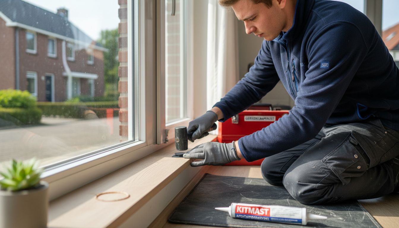 Monteur plaatst afwateringsdopje in aluminium kozijn