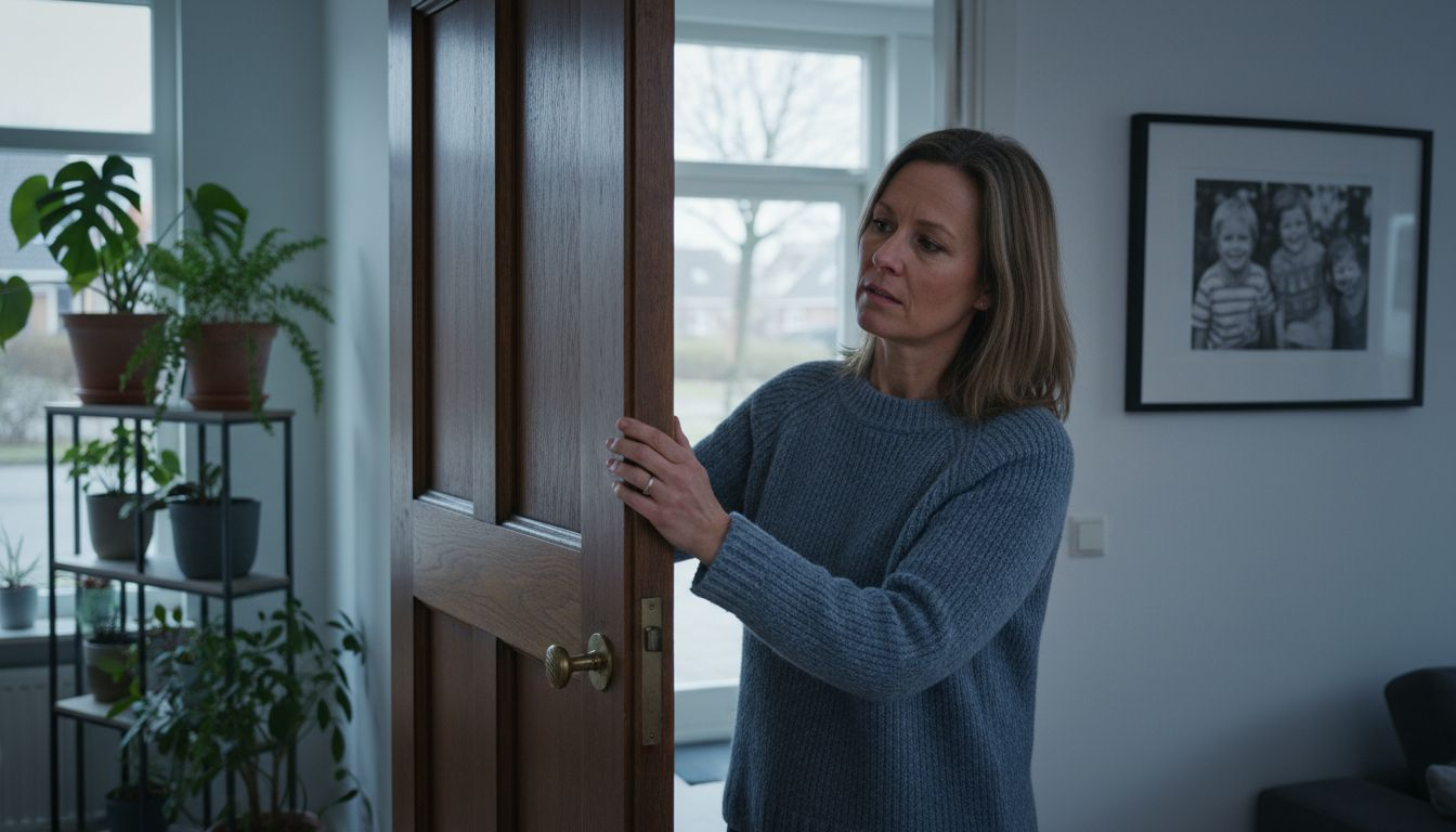 Een vrouw inspecteert de isolatie van een draaideur.