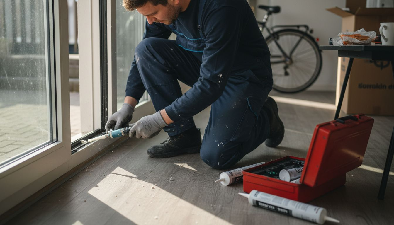 Monteur brengt kit aan rondom aluminium kozijn