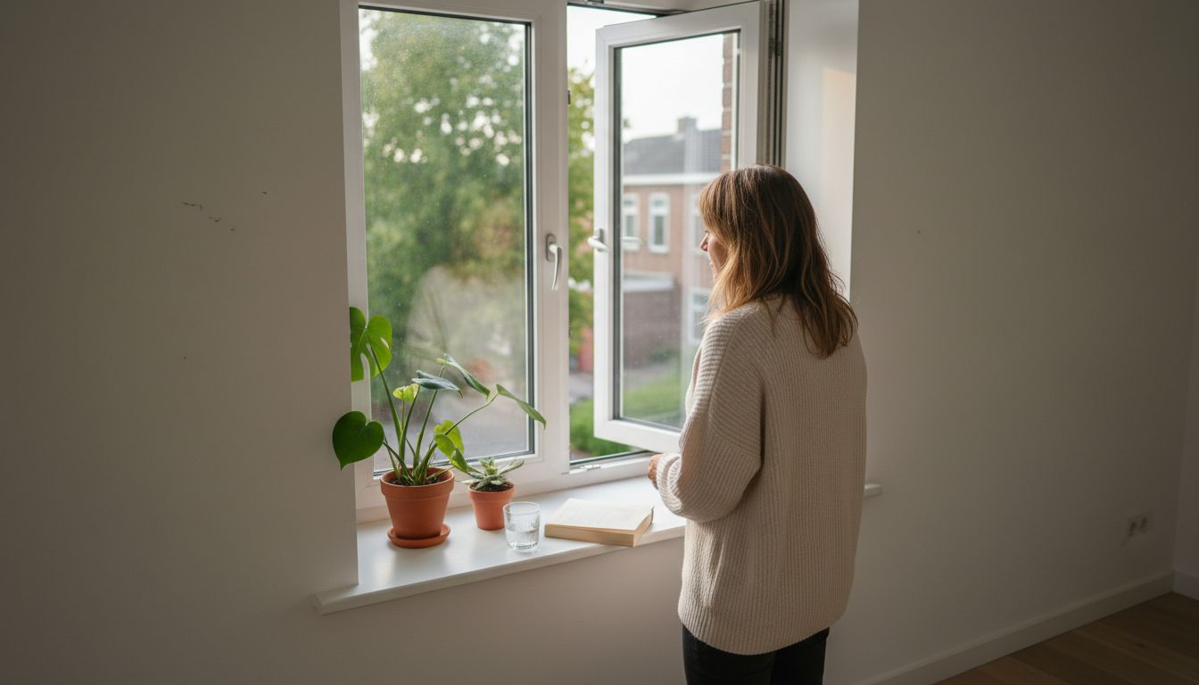 Vrouw zet modern stolpkozijn open in de woonkamer