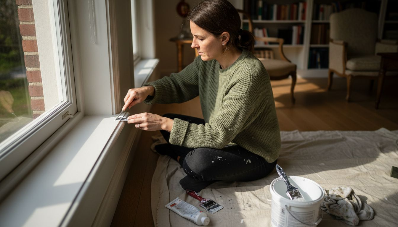 Een vrouw werkt de sierlijst langs het raam aan de binnenkant netjes af.