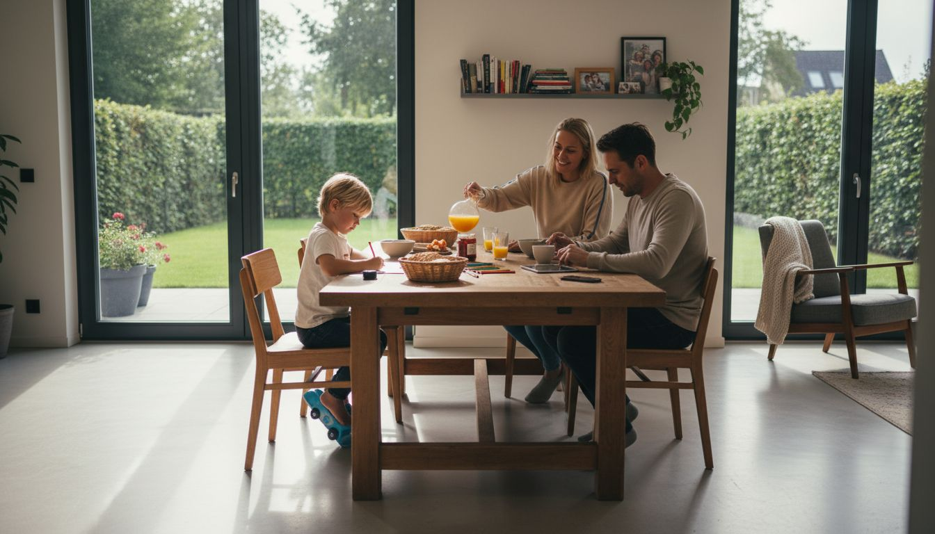 Een gezin woont in een kamer waar aluminium raamkozijnen zijn geplaatst.