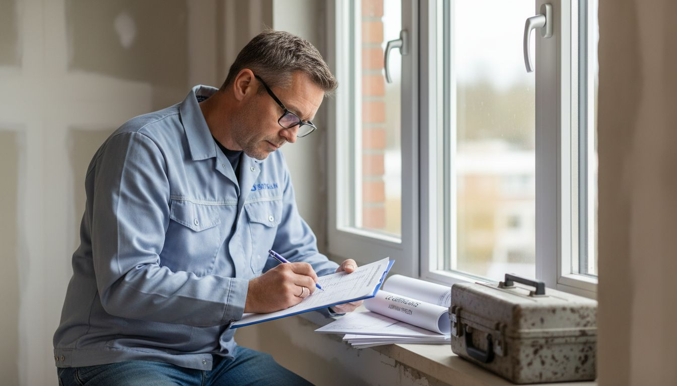 Een monteur inspecteert de aluminium kozijnen op eventuele gebreken.