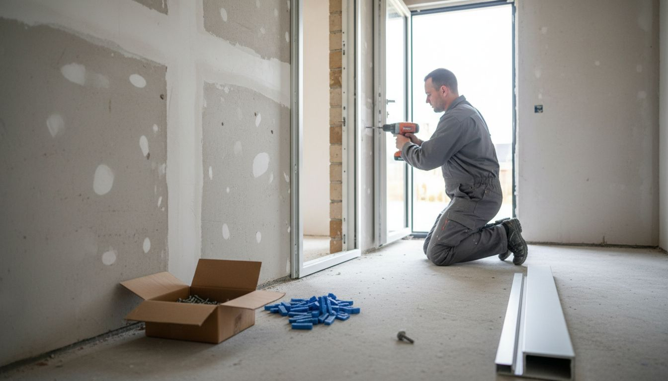 Een monteur zet een aluminium deurkozijn stevig vast aan de muur.