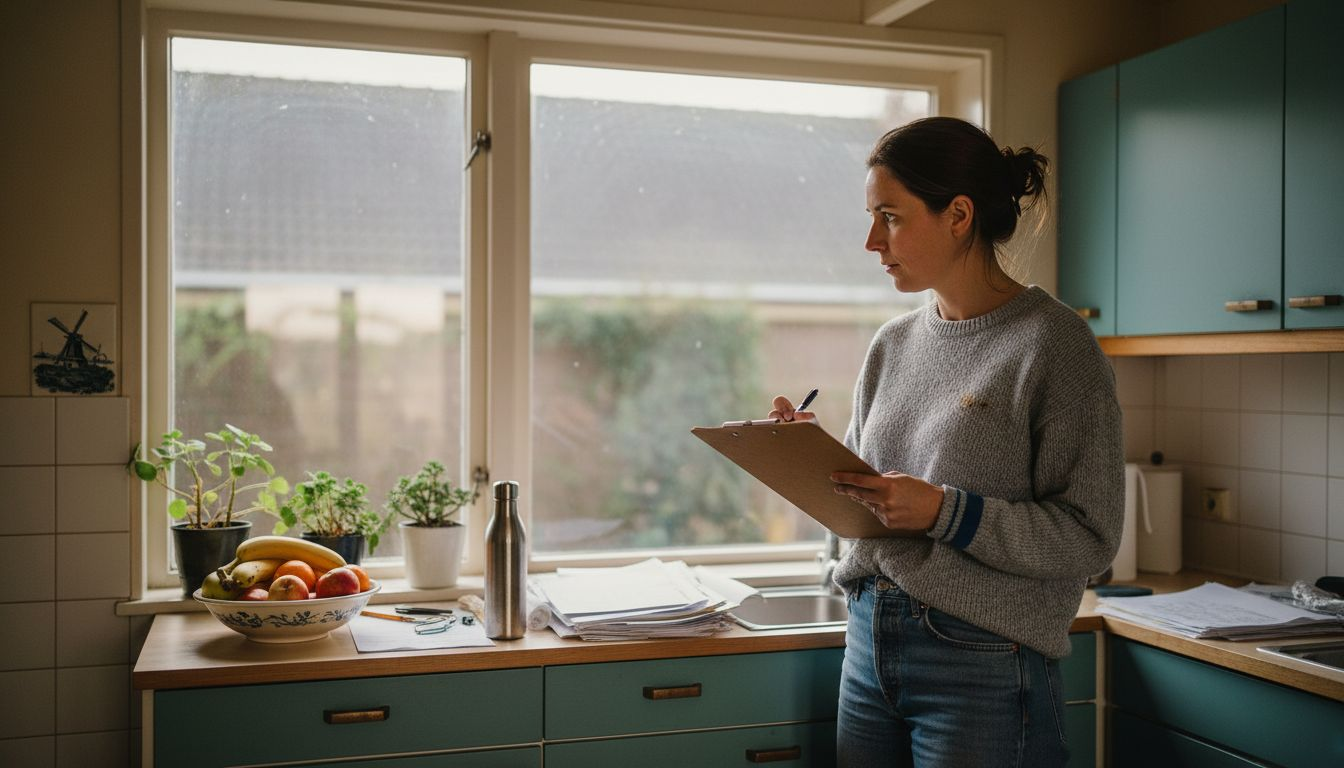 De architect bekijkt de isolatie van de ramen in de keuken.