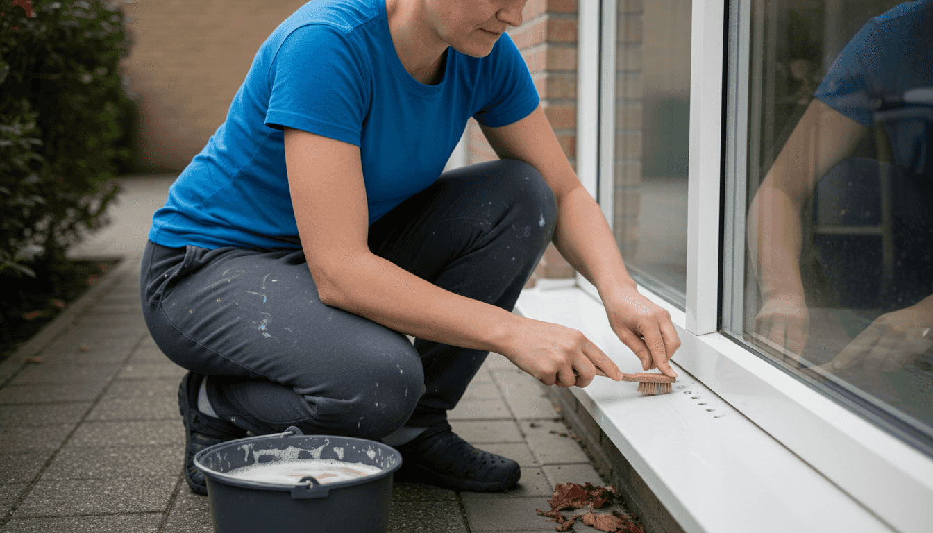 Een vrouw maakt de afwateringsgaatjes in het kozijn schoon als onderdeel van het onderhoud.