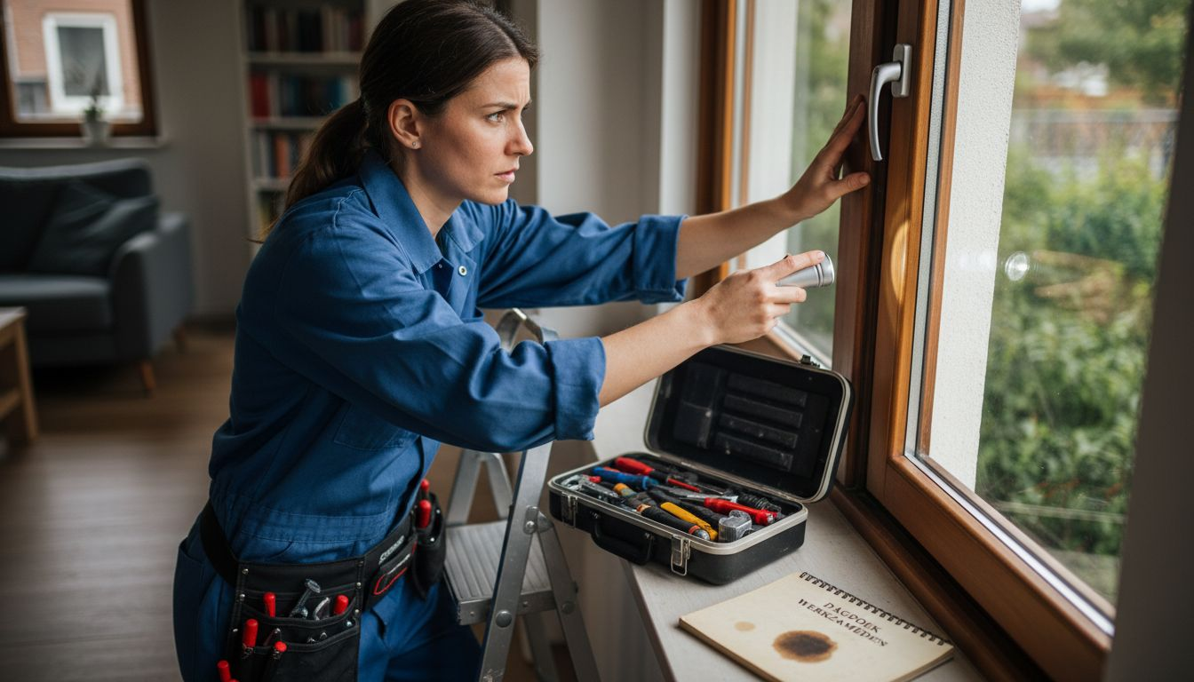 De monteur bekijkt of het kozijn goed is afgedicht.