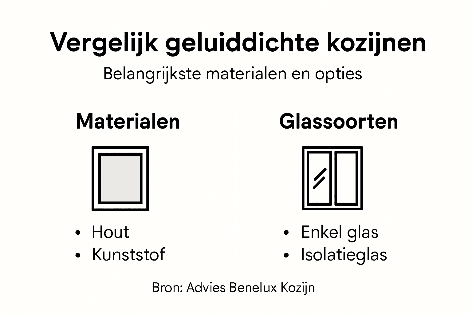 Overzichtelijke infographic met de verschillende materialen en glassoorten voor kozijnen