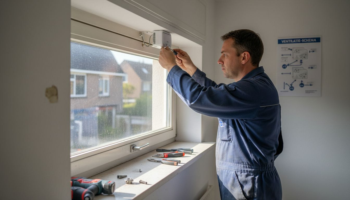 Een installateur monteert een ventilatie-unit naast een raam van aluminium.