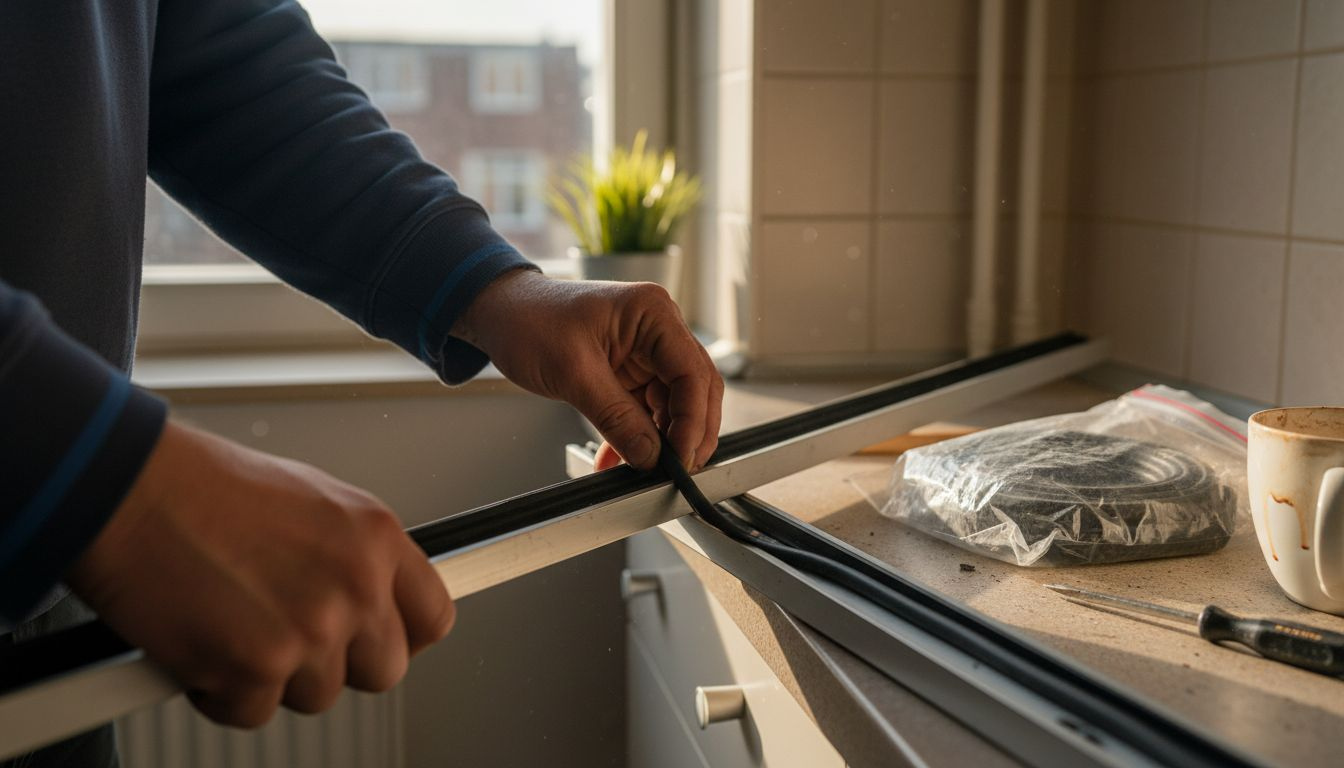Een paar handen brengt zorgvuldig EPDM-rubber aan in het kozijn.