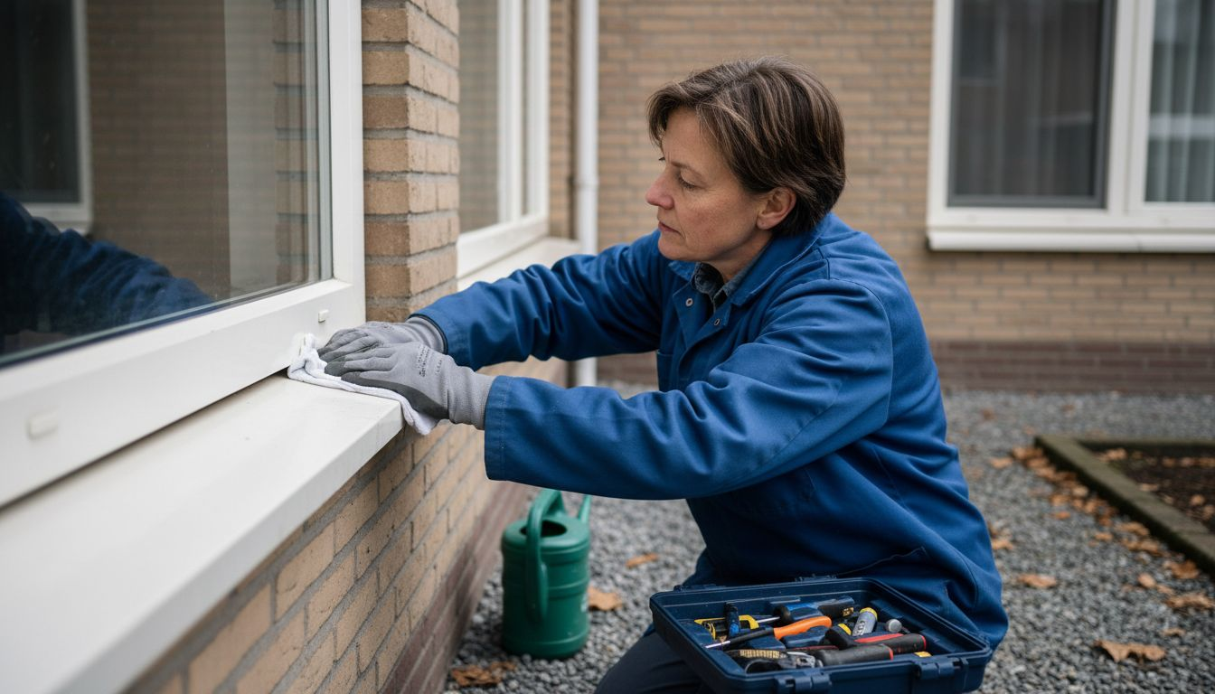Vrouw geeft buitenkant van uPVC-profiel een onderhoudsbeurt
