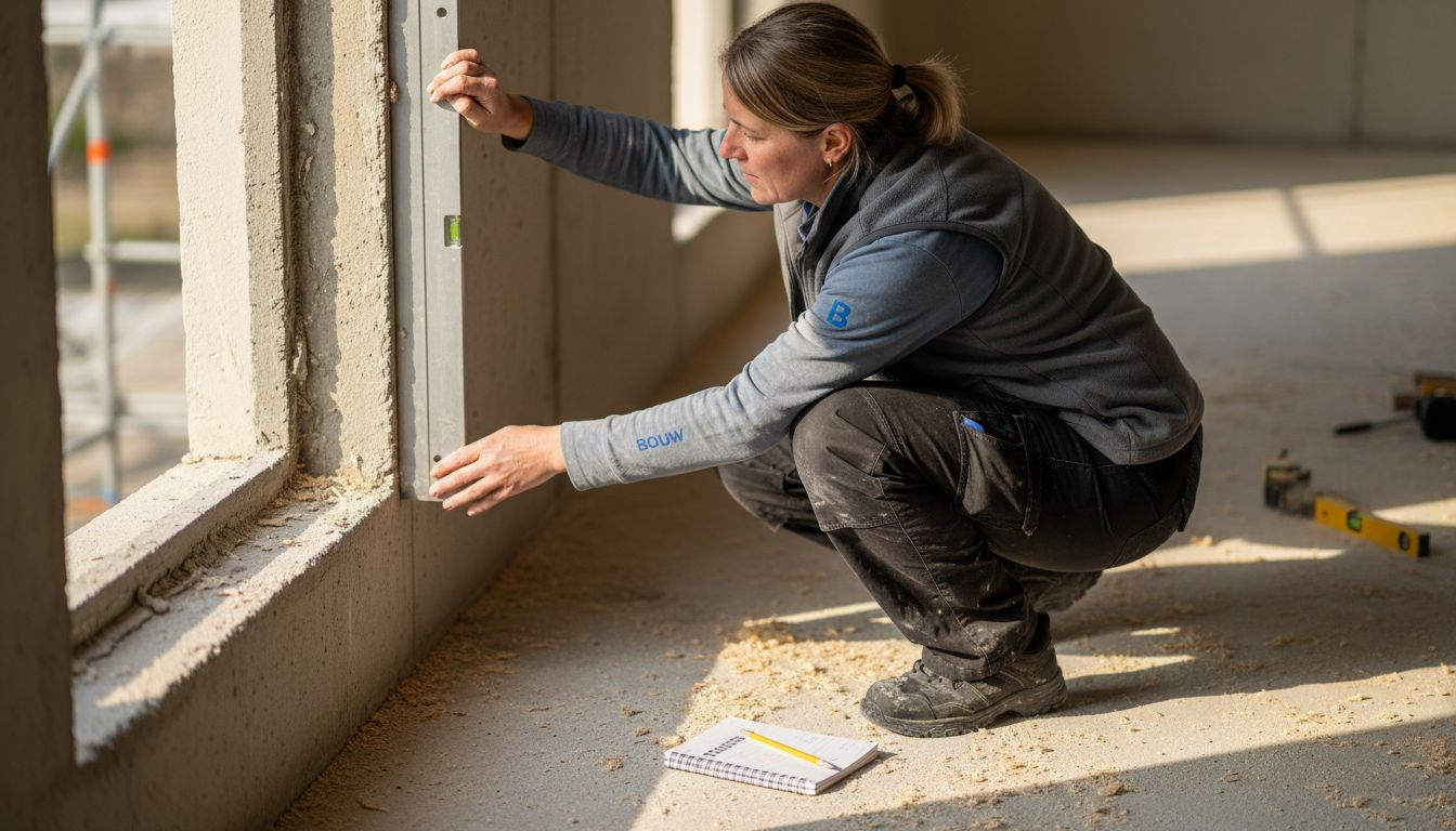 De monteur meet zorgvuldig of de raamopening precies haaks is.