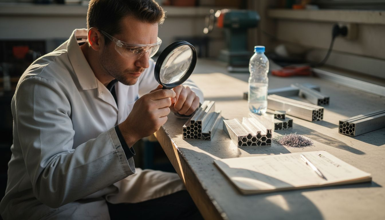 Een technicus bekijkt nauwkeurig de dwarsdoorsnede van een aluminium profiel.