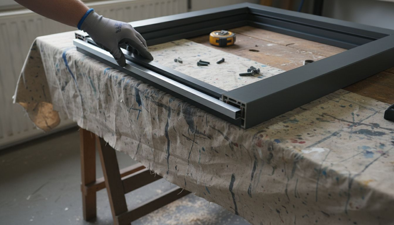 Een paar handen met handschoenen laat het detail van een aluminium glaslat zien.