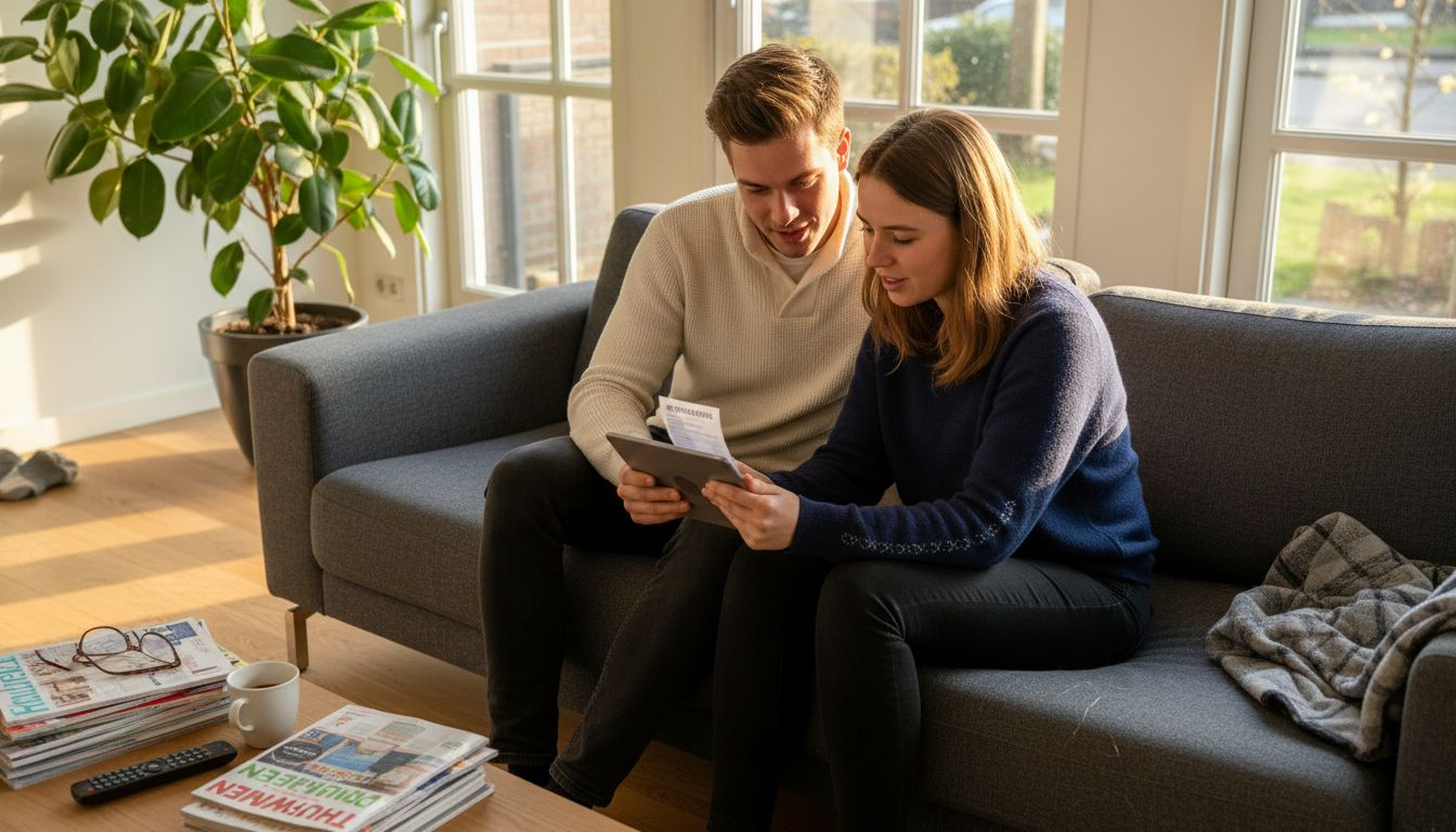 Een stel bekijkt hun energierekening terwijl ze genieten van hun nieuwe aluminium kozijnen.