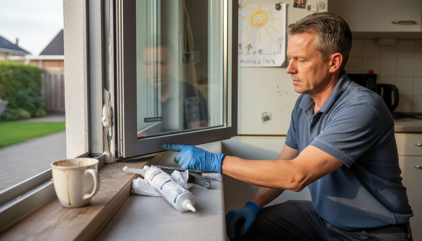 Monteur inspecteert de afdichting van het aluminium kozijn