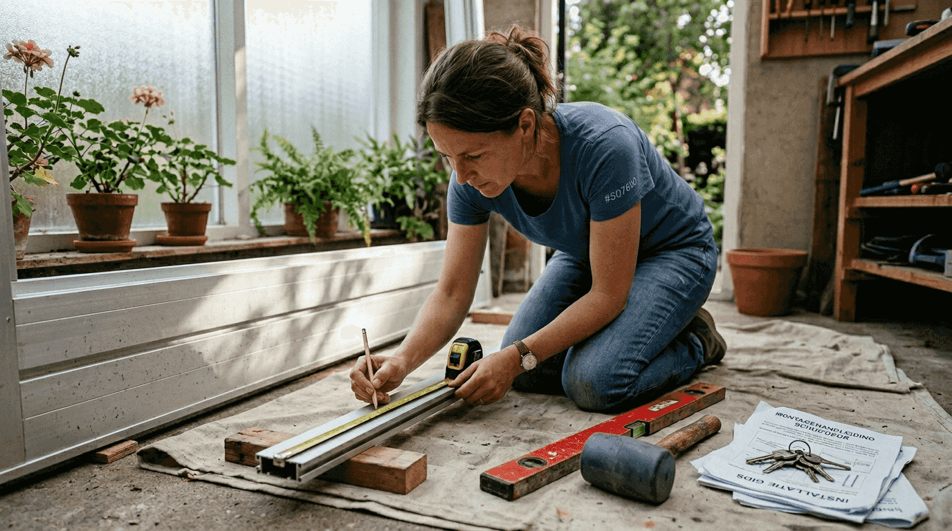 Een vrouw meet zorgvuldig het profiel van een schuifdeur op.
