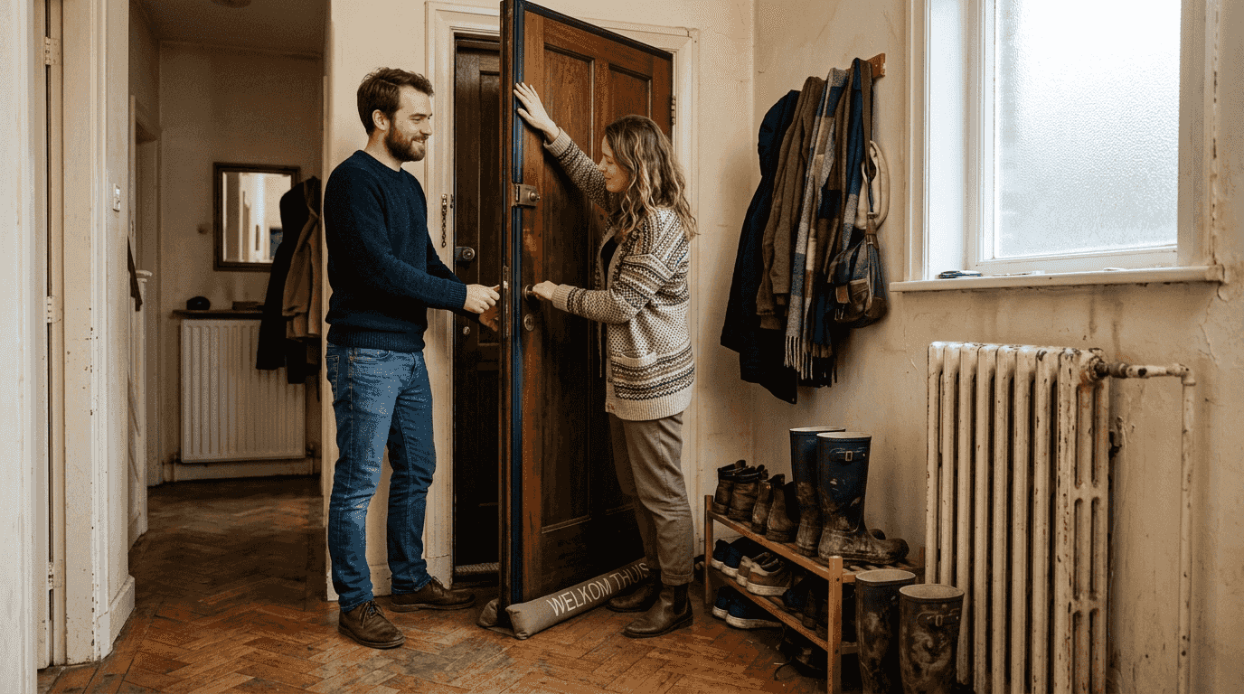 Een stel sluit samen een goed geïsoleerde, energiezuinige deur.