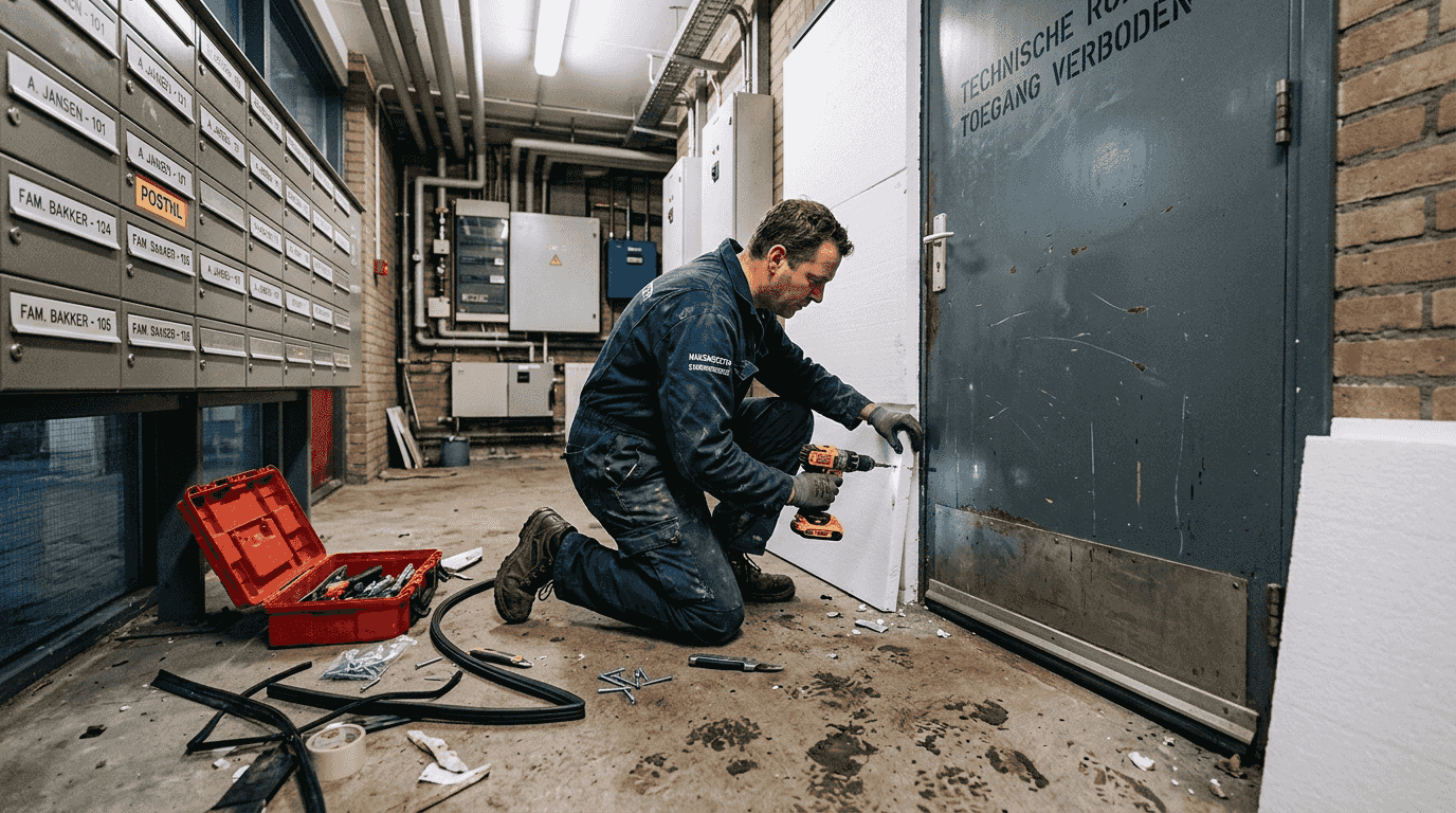 De monteur brengt isolatiemateriaal aan op de vaste deur.