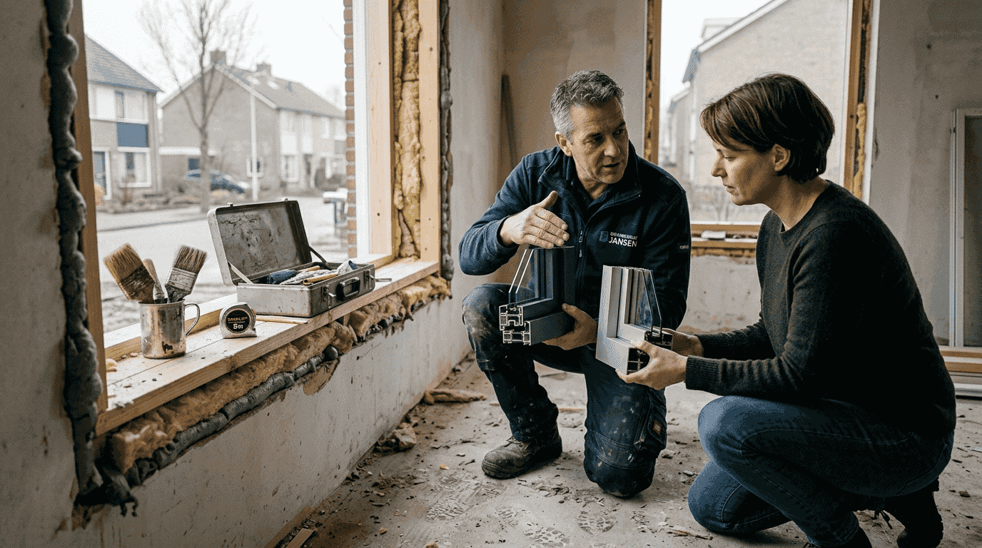 Een aannemer bekijkt en vergelijkt verschillende aluminium kozijnprofielen bij een klant thuis.