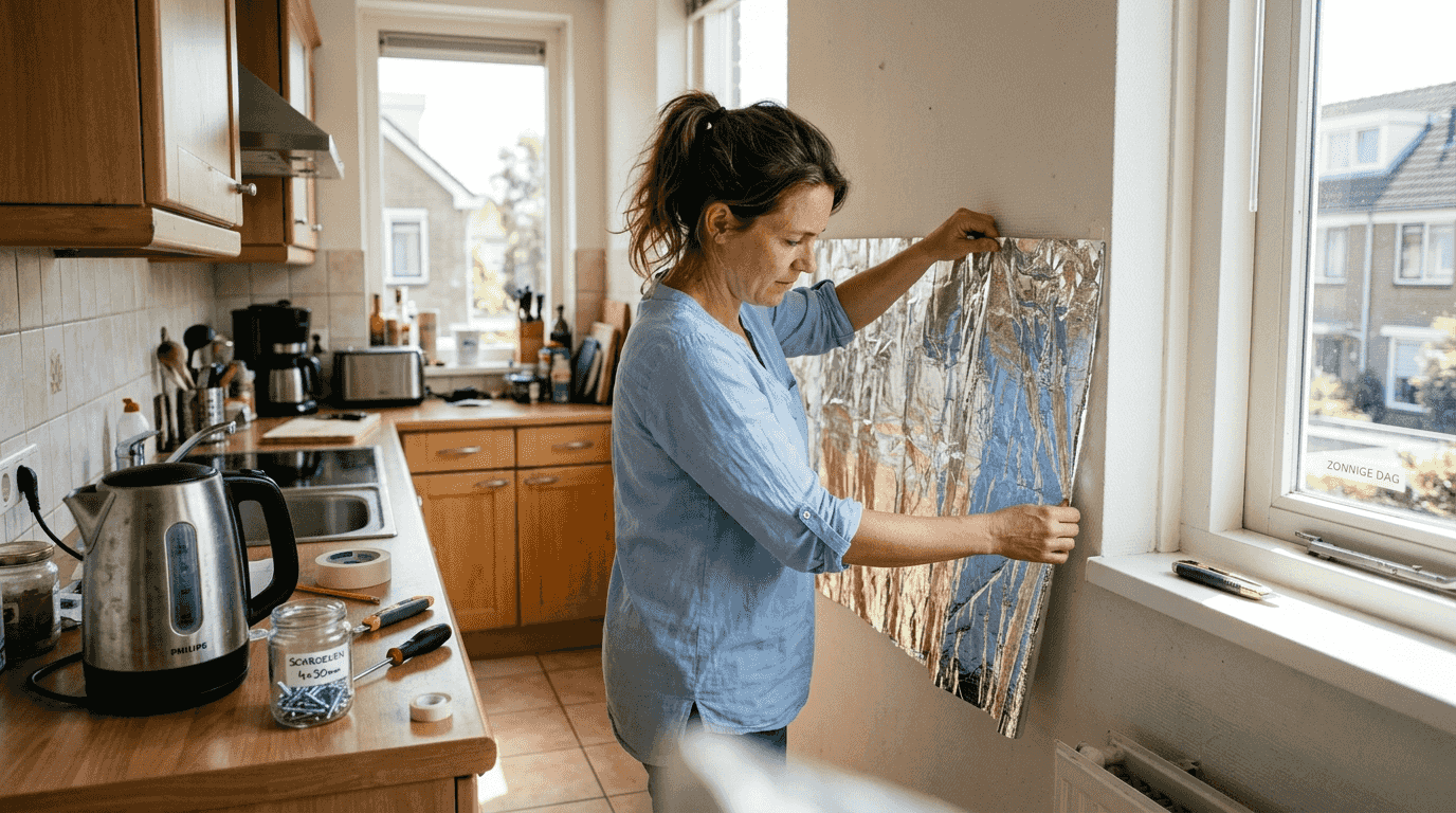 Vrouw laat zien hoe ze reflectiefolie gebruikt bij het renoveren van haar keuken