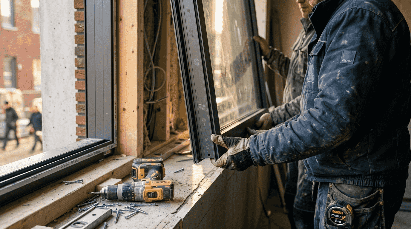 Monteurs plaatsen aluminium kozijnen met oog voor de juiste afwerking en details.