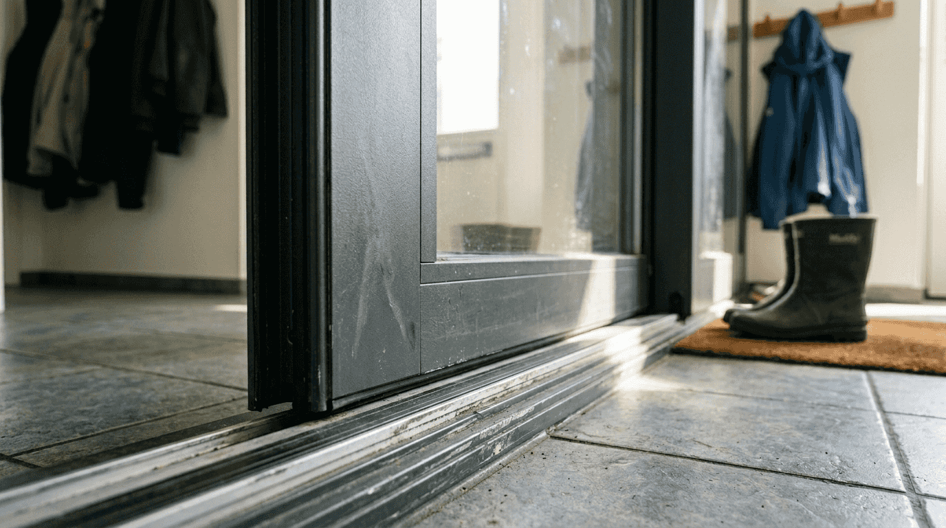 Close-up van een aluminium schuifpui met zichtbare gebruikssporen