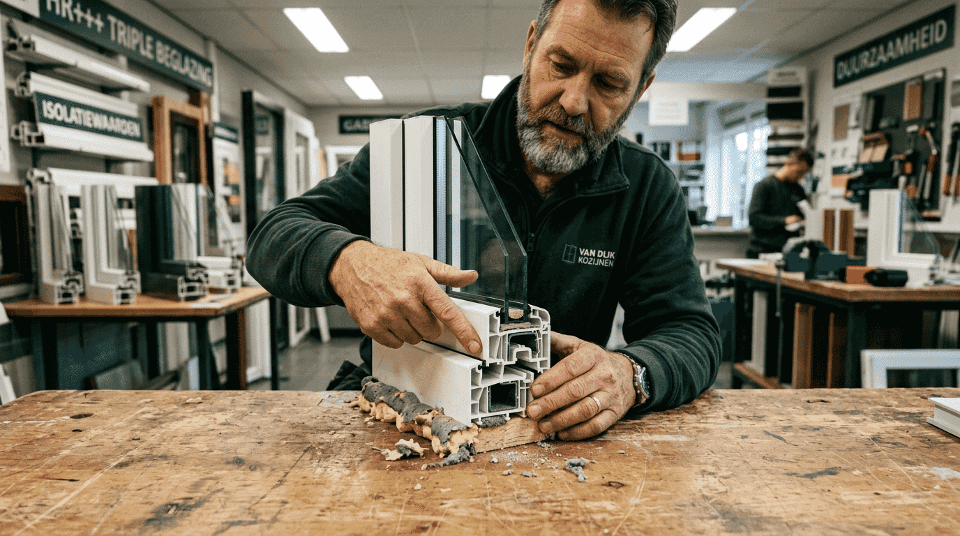 Een monteur laat zien hoe het raamkozijn is geïsoleerd door een doorsnede te tonen.