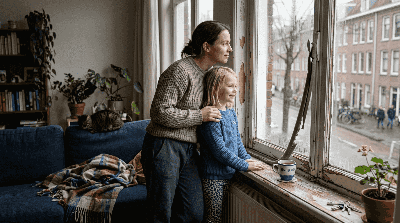 Oud raam laat koude lucht binnen terwijl het gezin samen in de woonkamer zit