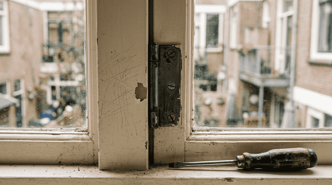 Detailopname van een extra stevig scharnier in het kozijn