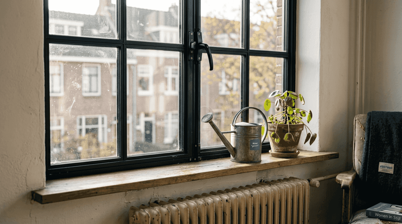 Detailopname van een aluminium raam in steellook vanuit het interieur