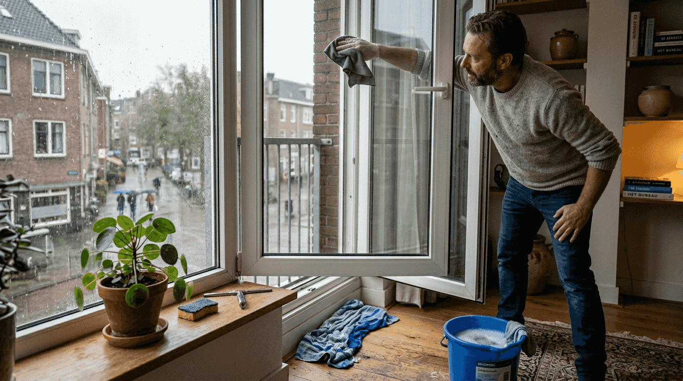 Een man reinigt de draaikiepdeur vanuit zijn woning.