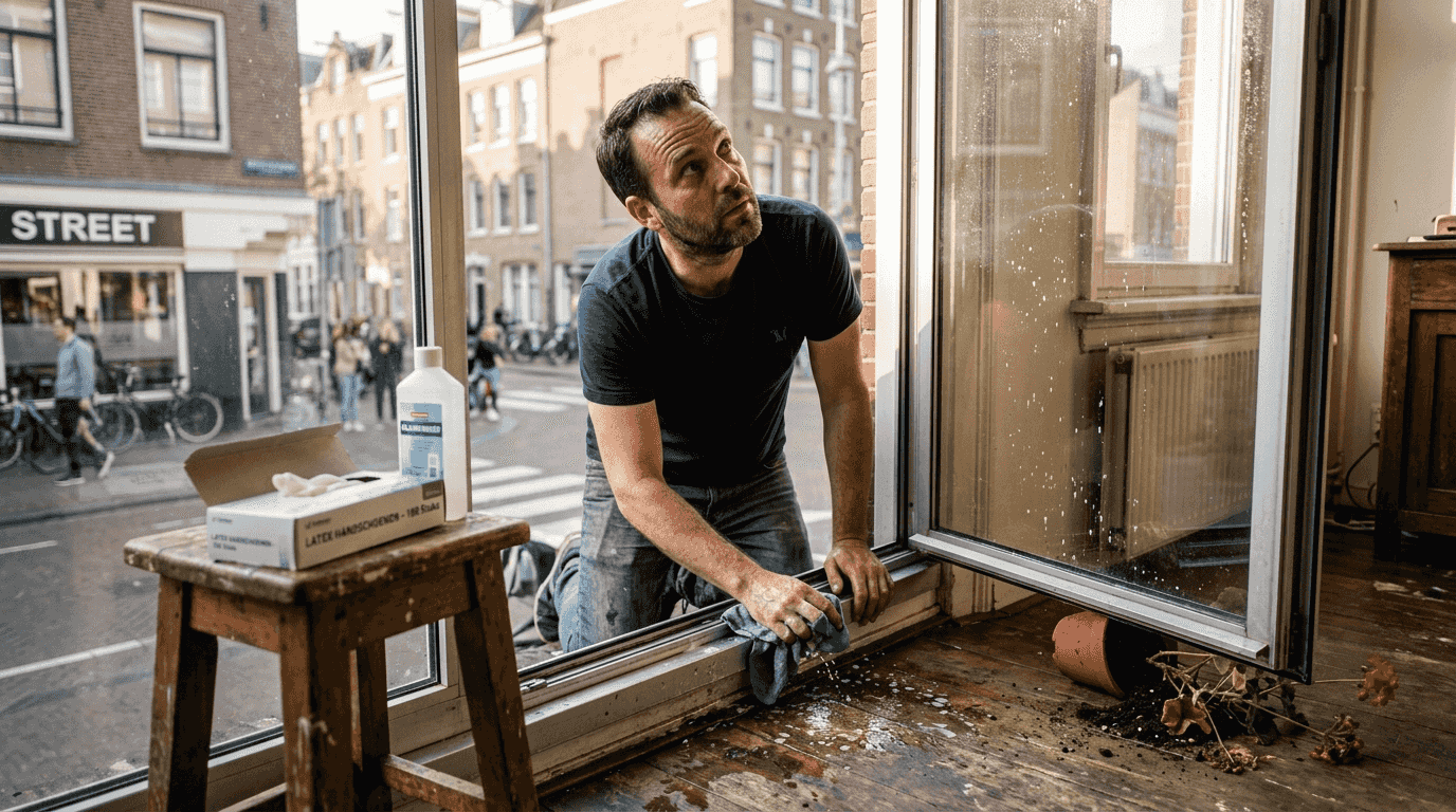 Een man maakt een aluminium kozijn schoon met een microvezeldoekje.