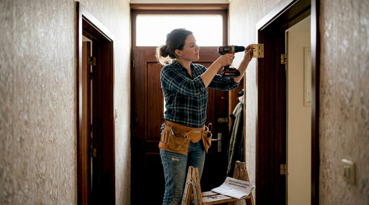 Een vrouw bevestigt een scharnier aan het kozijn van de voordeur.