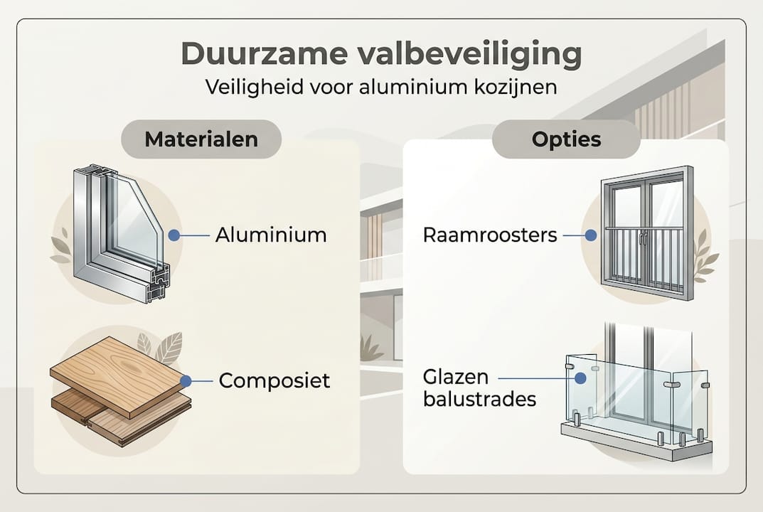 Infographic: duurzame oplossingen voor valbeveiliging bij aluminium kozijnen